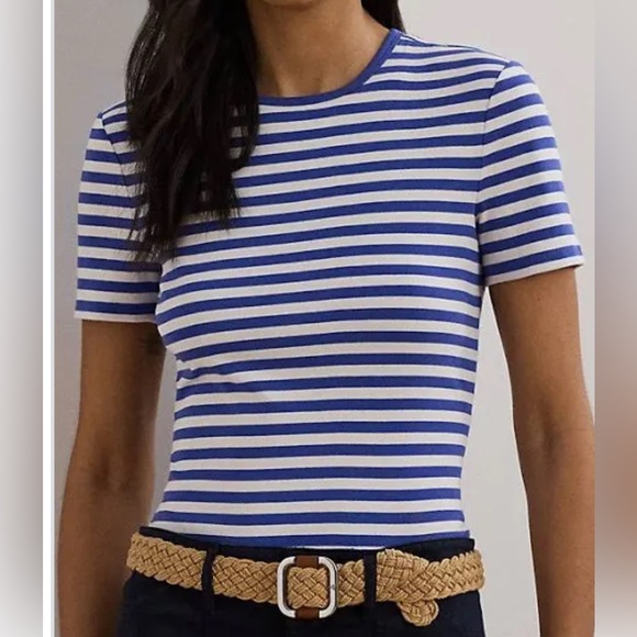 Crew Neck Blue and White Striped Short Sleeve Tee - Picture 1 of 8